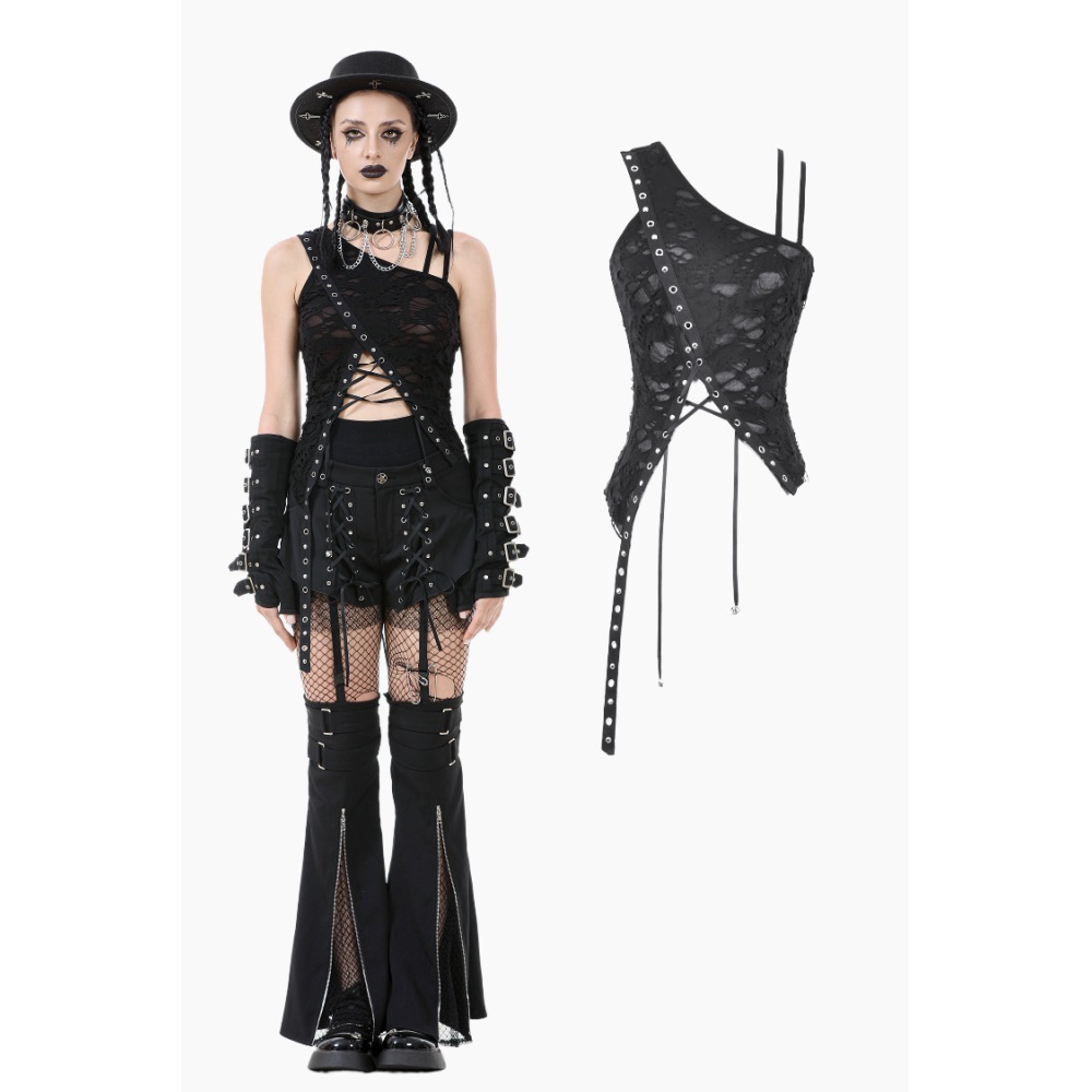 Dark in Love - Asymmetrical Ripped Cut-Out with Straps and Lace-Up Detail Mouwloze top - Zwart